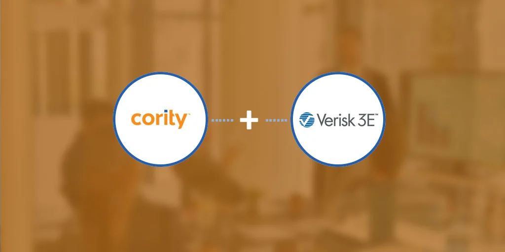 Cority logo and Verisk 3E logo connected by a plus sign on a blurred office background, highlighting optimized solutions for workplace safety.