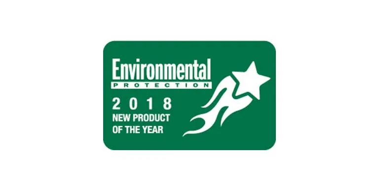 Green badge featuring Environmental Protection 2018 Product of the Year, a star icon, and recognition for excellence in Environmental Management by Cority.