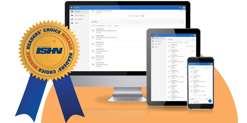 A gold ISHN Award Readers Choice Winner ribbon beside a computer, tablet, and phone displaying the same app.