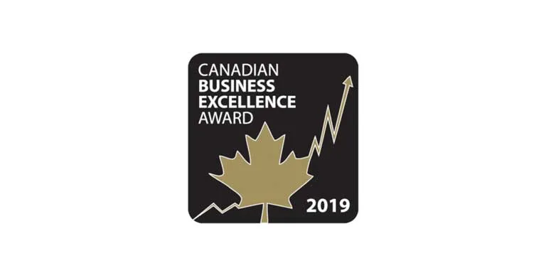 Canadian Business Excellence Award 2019 logo, featuring a gold maple leaf and upward arrow on a black background, representing national award-level business excellence. Cority is celebrated among top honorees.
