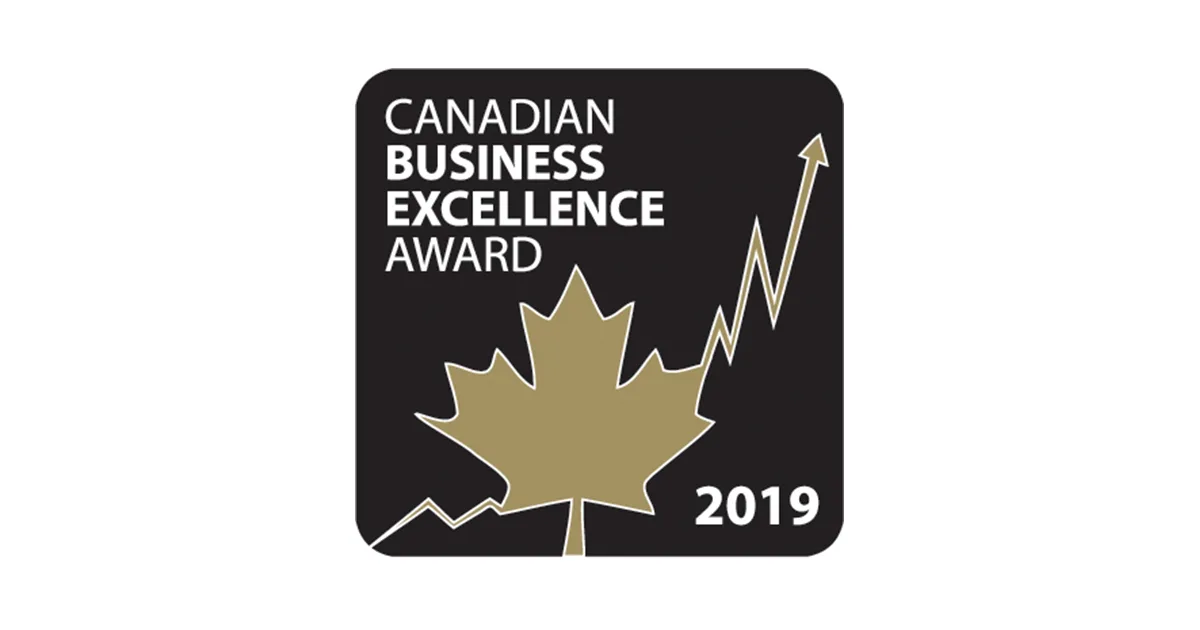 Canadian Business Excellence Award logo with a gold maple leaf and rising arrow, recognizing national award winners like Cority in 2019.