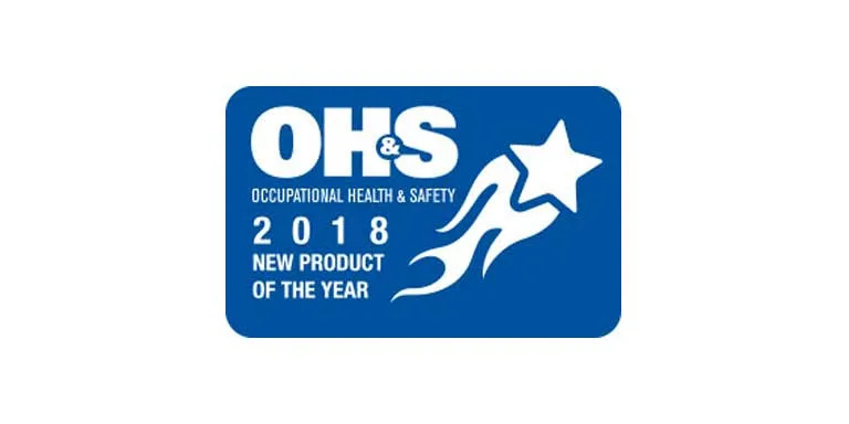 Blue badge reading OHS Occupational Health & Safety 2018 New Product of the Year with a shooting star, celebrating Safety Awards and excellence in Occupational Health.