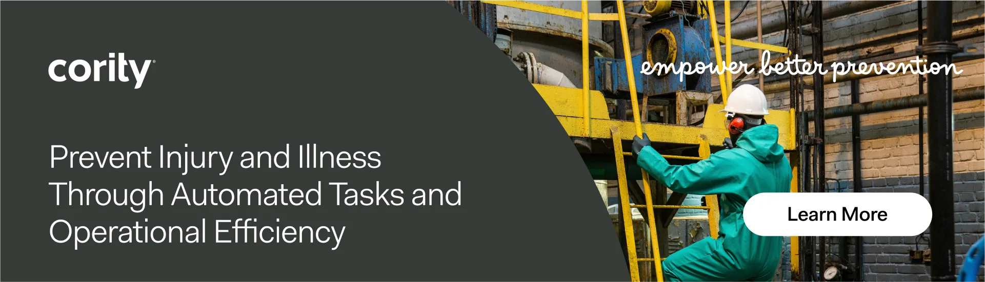 Worker in protective gear stands near industrial pipes; text promotes injury prevention, operational efficiency, and the benefits of an effective HSE Management System.