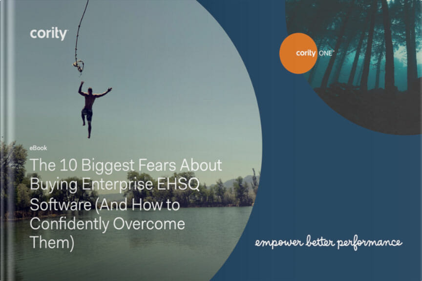A person bungee jumping over water, alongside text about overcoming fears when buying EHSQ Software for your enterprise.