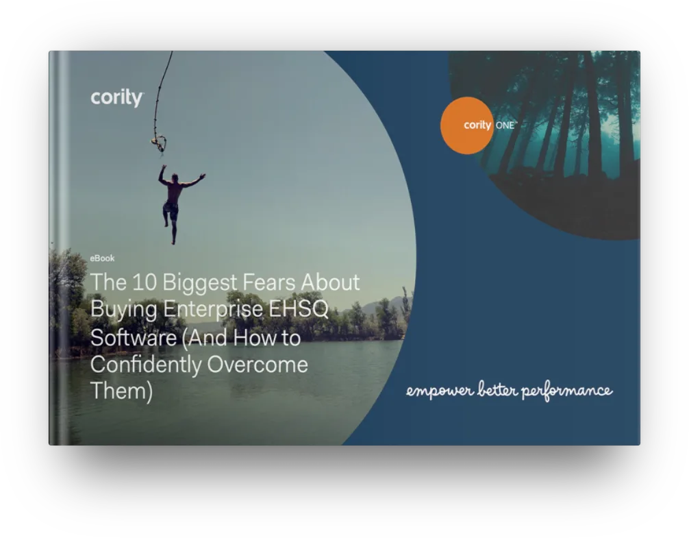 A person bungee jumping over water, alongside text about overcoming fears when buying EHSQ Software for your enterprise.