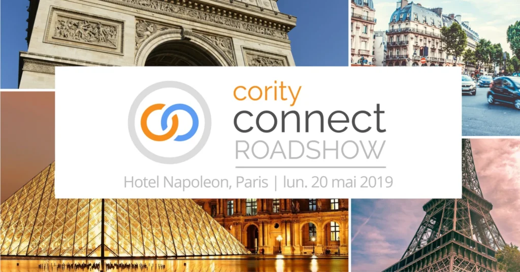 Event banner: Cority Paris Roadshow, Hotel Napoleon, Paris, 20 mai 2019, featuring Paris landmarks in the background. Sponsored by Enhesa and Airbus.