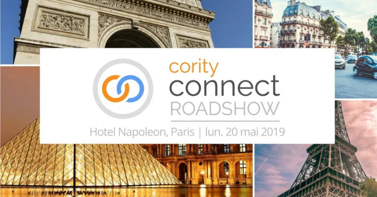 Event banner: Cority Paris Roadshow, Hotel Napoleon, Paris, 20 mai 2019, featuring Paris landmarks in the background. Sponsored by Enhesa and Airbus.