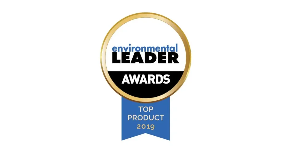 A gold-rimmed circular badge with the words environmental LEADER AWARDS. A blue ribbon below reads TOP PRODUCT 2019.