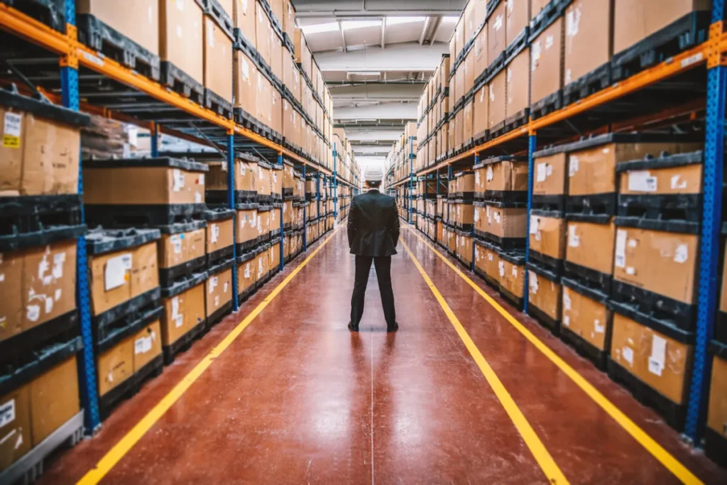 A person in a suit stands between tall shelves in a large warehouse filled with stacked boxes, overseeing Quality Management Programs.