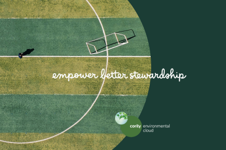 Aerial view of a soccer field with text: empower better stewardship, highlighting Cority Environmental Cloud’s support amid EPA Changes Air Emission Regulations.