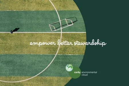 Aerial view of a soccer field with text: empower better stewardship, highlighting Cority Environmental Cloud’s support amid EPA Changes Air Emission Regulations.