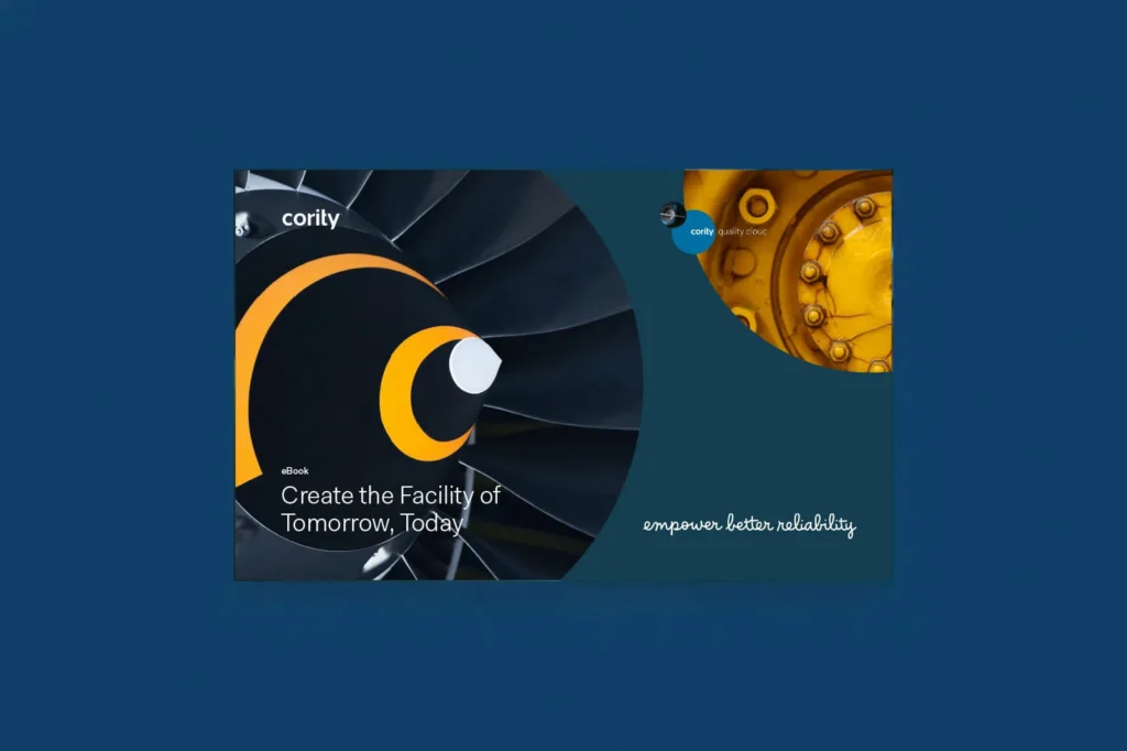 Close-up of industrial turbine blades with text: Create the Facility of Tomorrow, Today by modernizing your EHS and quality programs on a blue background.