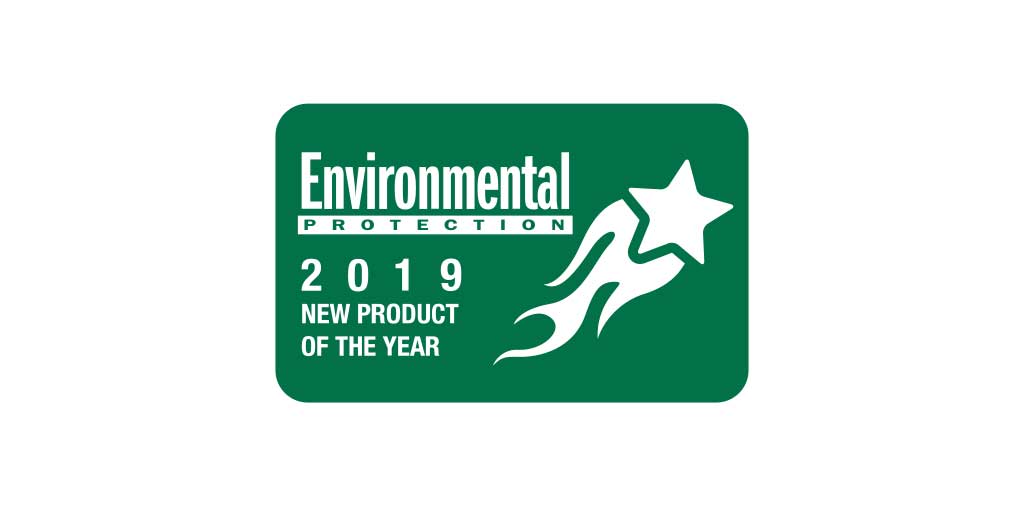 Green badge features a star and swoosh design, proudly displaying Environmental Protection 2019 New Product of the Year.