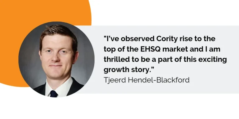 A man in a suit shares a quote about Cority’s impressive rise in the EHSQ market, credited to Tjeerd Hendel-Blackford of the European Team.
