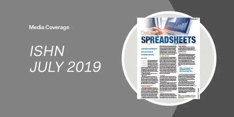 Media coverage feature titled ISHN July 2019 with a preview of a spreadsheet article on the right, highlighting a sustainable EHS software management solution.