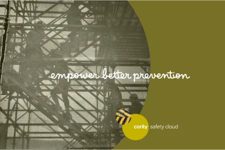 Silhouettes of workers on scaffolding with the text empower better prevention, highlighting Accident Investigation and the Cority Safety Cloud logo.