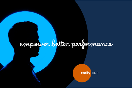 Silhouette of a person in front of a blue circle with the text empower better performance, EHS Software messaging, and Cority ONE logo.
