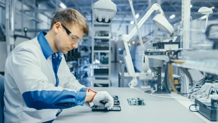 Young Man in Blue and White Work Coat is Using Plier to Assemble Printed Circuit Board for Smartphone. Electronics Factory Workers in a High Tech Factory Facility.