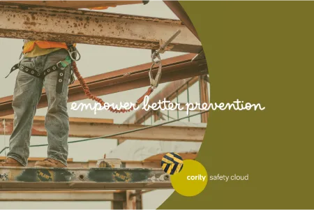 Construction worker stands on steel beams; text reads empower better prevention and Corily Safety Cloud to address OSHAs Top 10 Violations.