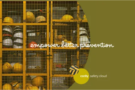 Shelved safety helmets behind a metal cage, overlaid with text: empower better prevention through risk management.