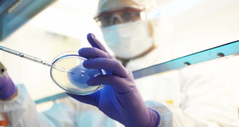 lab worker holding a petri dish