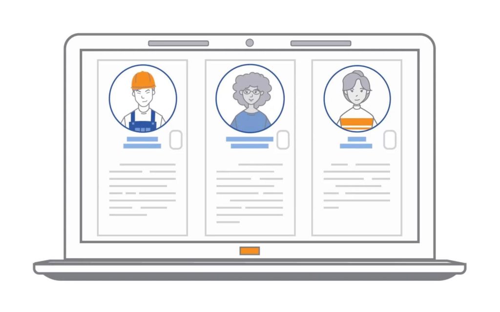 Illustration of a laptop screen displaying profiles of three people with photos, names, and descriptions, highlighting a management system designed for performance improvement.