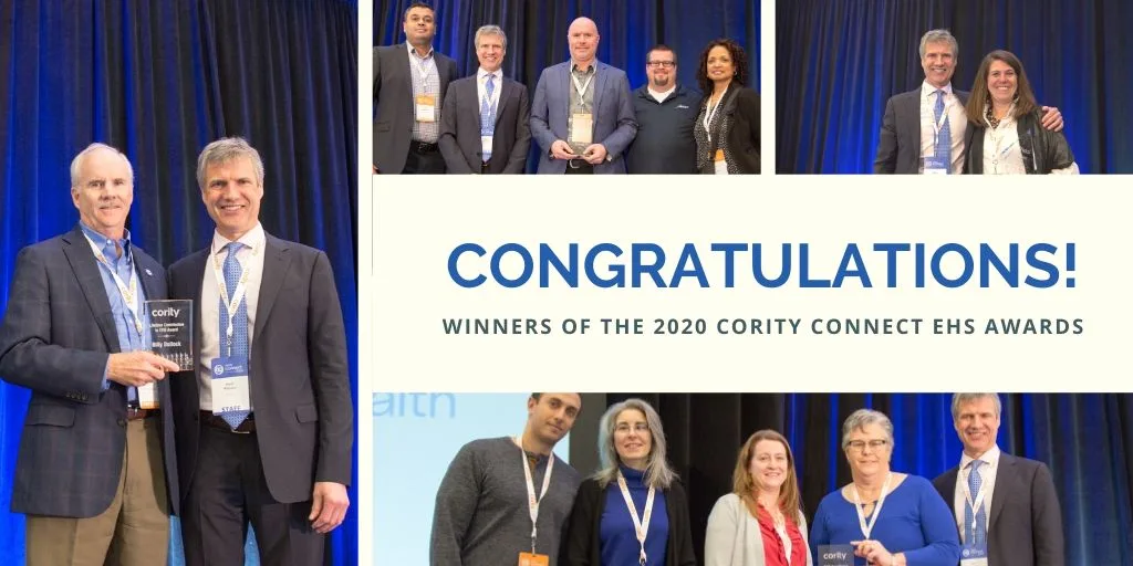 Collage of people at an awards event with text: Congratulations! Winners of the 2020 Cority Connect EHS Digital Transformation Awards.
