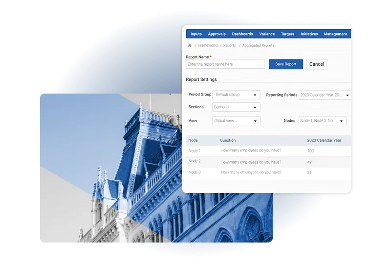 A web interface displays a report settings form with fields for report name, period group, reporting period, sections, view, and nodes—ideal for tracking compliance like AS9100 vs ISO 9001. A blue-tinted historic building photo appears in the background.