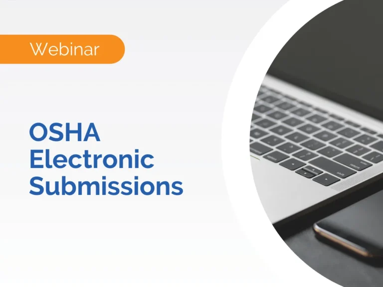 Webinar announcement featuring OSHA Electronic Submissions, shown beside a close-up of a laptop and phone.