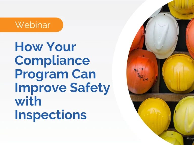 Webinar promo featuring text and a stack of orange, white, and yellow safety helmets on shelves—learn how to improve safety with inspections.