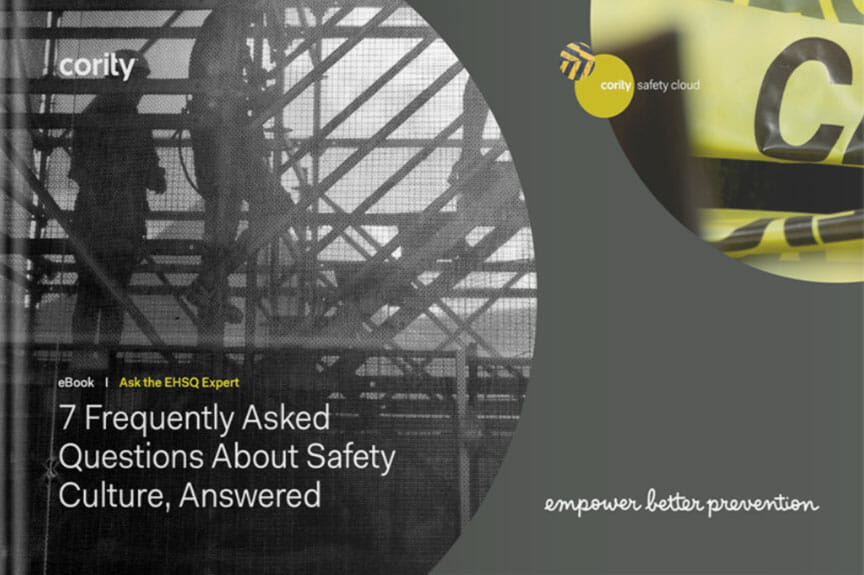 Cover of an eBook titled 7 Frequently Asked Questions About Safety Culture, Answered by Cority—your essential guide to improving safety culture in the workplace.
