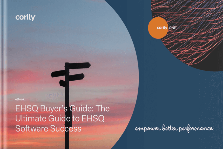 A signpost silhouette at sunset with Selecting the Right EHSQ Software featured alongside EHSQ eBook and Cority branding text overlay.