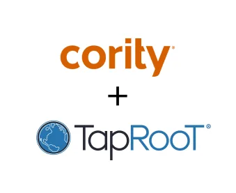 Cority and TapRooT logos with a plus sign between them, highlighting their partnership to deliver investigation solutions for workplace incidents and support effective root cause analysis.