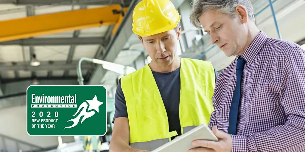 Two men in safety gear review documents in a factory, highlighting their award-winning product of the year with the 2020 Environmental Protection Product of the Year badge prominently displayed.
