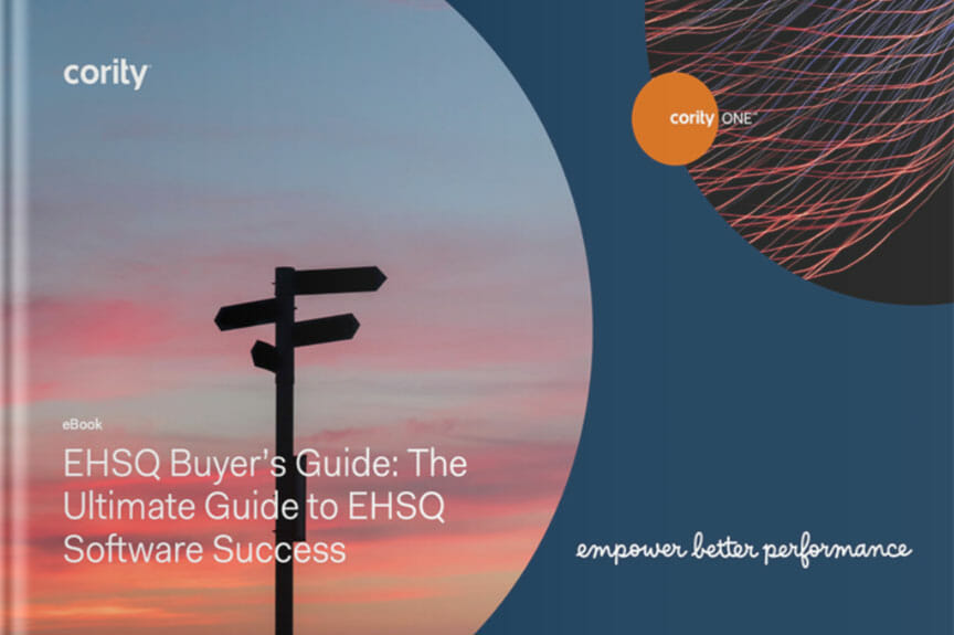 Cover of an eBook titled EHSQ Buyers Guide: The Ultimate Guide to EHSQ Software Success by Cority, featuring insights on building a strong business case for EHSQ software.