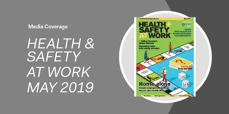 Magazine cover titled Health & Safety at Work May 2019, with board game design, article headlines, and a feature on Futureproofing Your EHS Software System.