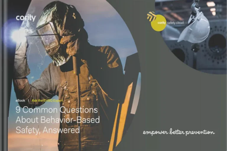 Person in protective gear and helmet, with text highlighting Behavior-Based Safety questions and effective prevention strategies.
