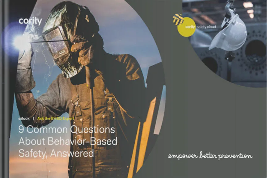 Person in protective gear and helmet, with text highlighting Behavior-Based Safety questions and effective prevention strategies.