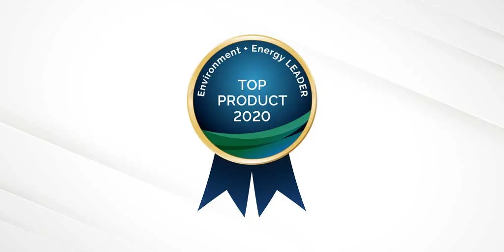 Blue and gold Environment + Energy Leader Product of the Year Award 2020 badge with ribbon, recognizing Cority for excellence in environment and energy leadership.