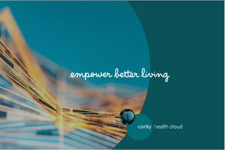Abstract graphic with text empower better living and cority health cloud on a teal background, highlighting a resilient workforce.