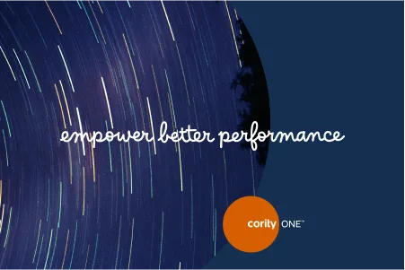 Star trails with the text empower better performance highlight EHSQ leaders and Cority ONE logo on a dark blue background.