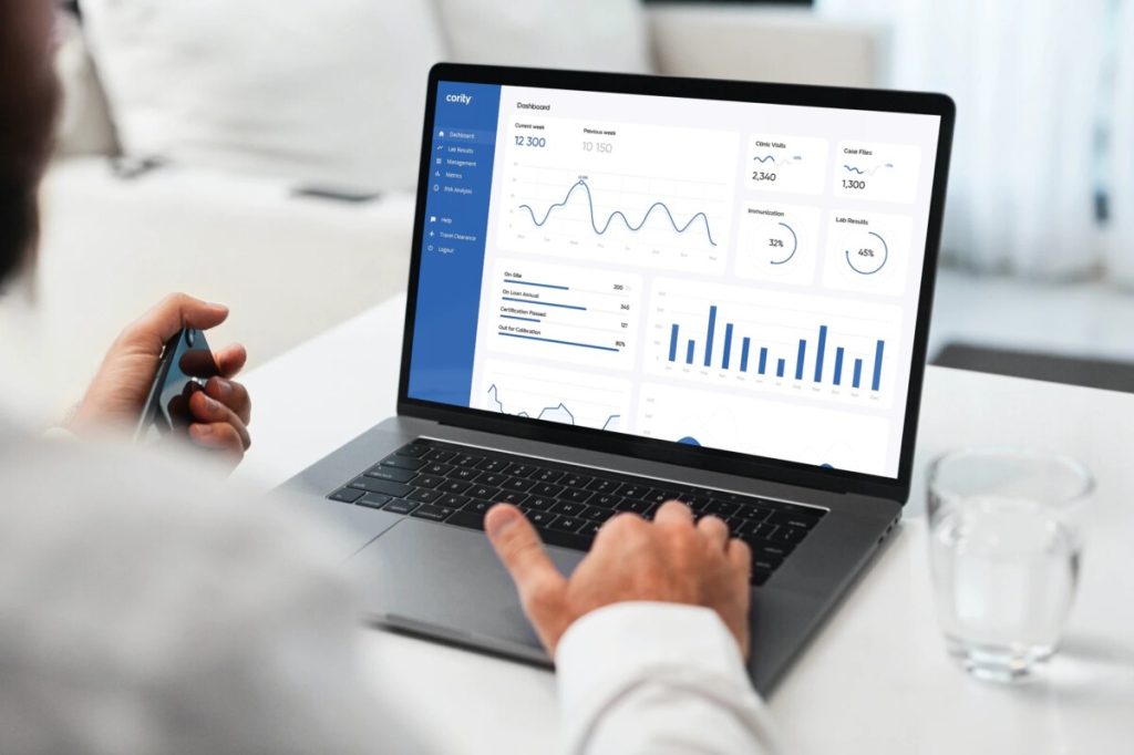 Person using a laptop displaying business analytics dashboards with various graphs and charts, highlighting the value of EHSQ in driving data-driven decisions and improving organizational performance.