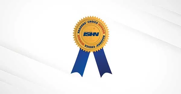 A gold ISHN Readers’ Choice Awards seal with blue ribbons on a white background, highlighting Cority’s recognition as a top COVID-19 Solution.