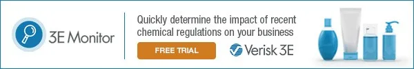 Banner ad for 3E Monitor by Verisk 3E—offering a free trial to track restricted substances and chemical regulation impacts on your business.