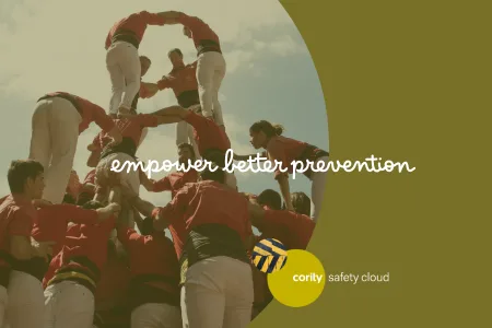 People form a human tower with the text empower better prevention and Cority Safety Cloud, highlighting a Proactive Incident Management Program on a green background.