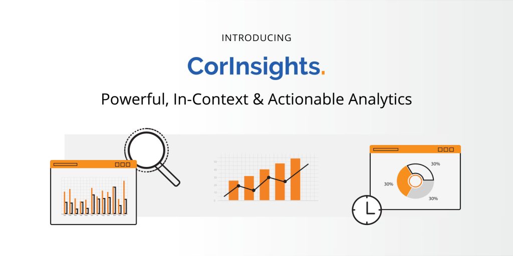 CorInsights analytics introduction featuring actionable analytics with charts, graphs, and magnifying glass graphics for enhanced EHSQ insights.