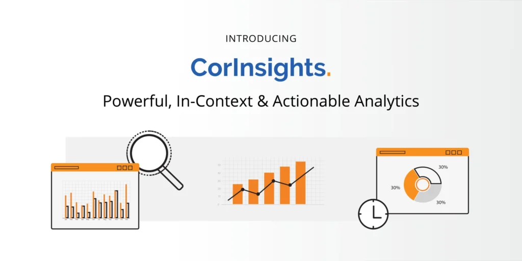 CorInsights analytics introduction featuring actionable analytics with charts, graphs, and magnifying glass graphics for enhanced EHSQ insights.