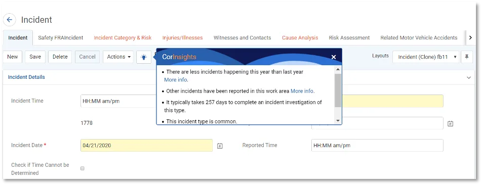 A software dashboard displays incident details and a pop-up with actionable analytics from CorInsights for deeper incident investigation insights.