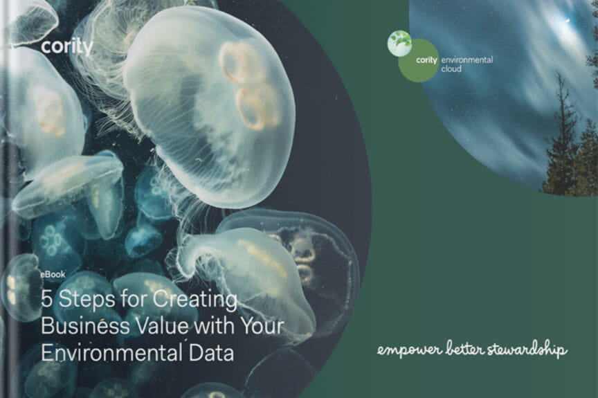 Jellyfish underwater with text: 5 Steps for Creating Business Value with Your Environmental Data and Cority logo, highlighting ways to leverage environmental data for impactful business results.