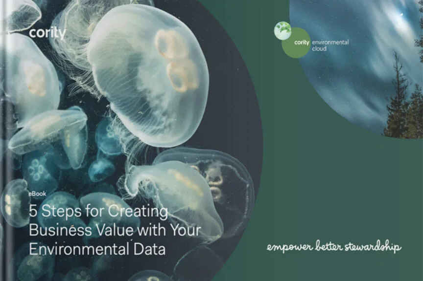 Jellyfish underwater with text: 5 Steps for Creating Business Value with Your Environmental Data and Cority logo, highlighting ways to leverage environmental data for impactful business results.